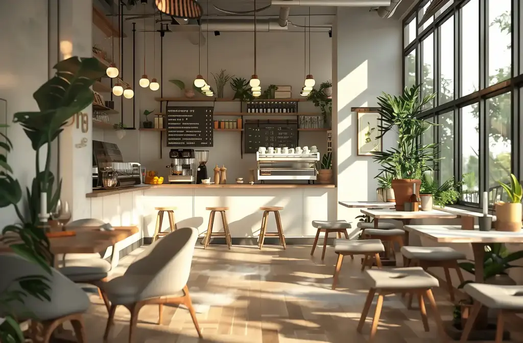 Café met grote ramen, in lichte kleuren en vol groene planten.