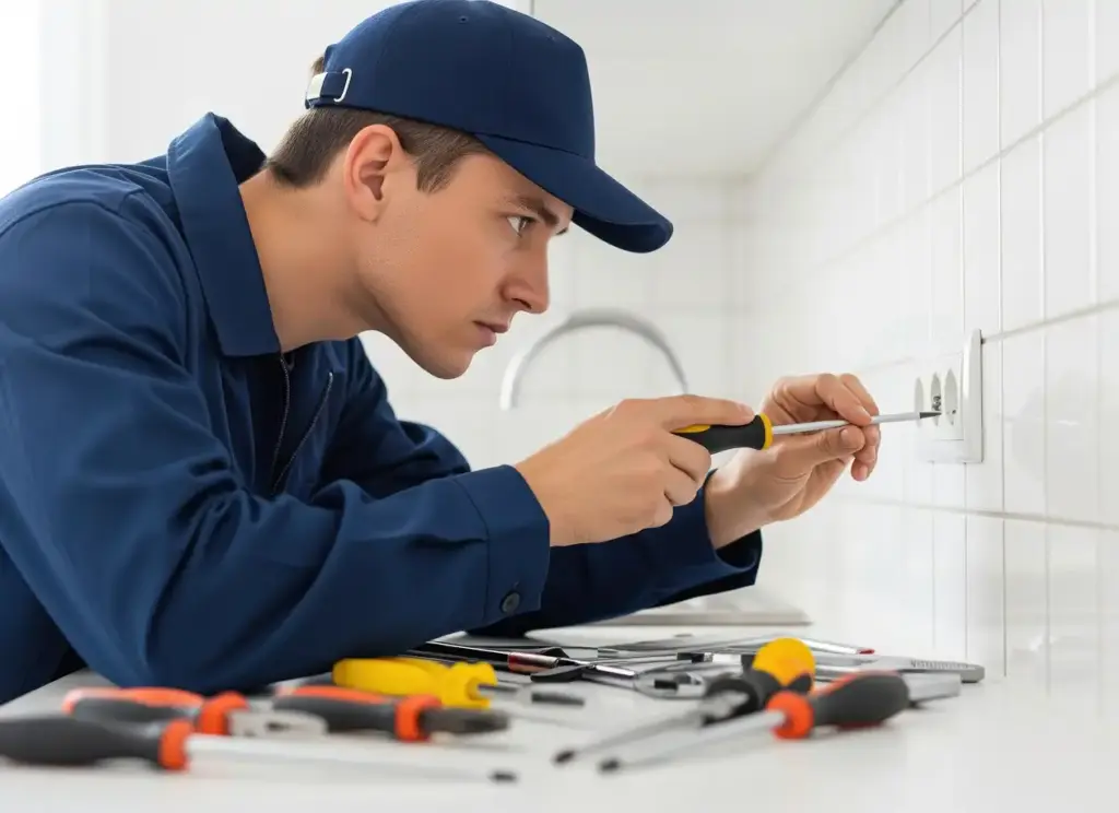 Man in een blauwe kostuum repareert een stopcontact in een lichte keuken.
