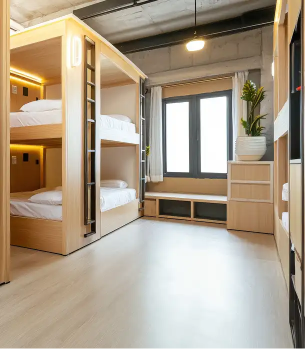 Hostelkamer in loftstijl, met stapelbedden en een groot raam, in lichte kleuren.