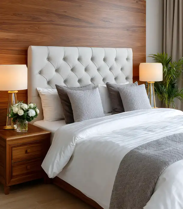 Bed met een grote witte hoofdbord, nachtkastjes, interieur met houten elementen.