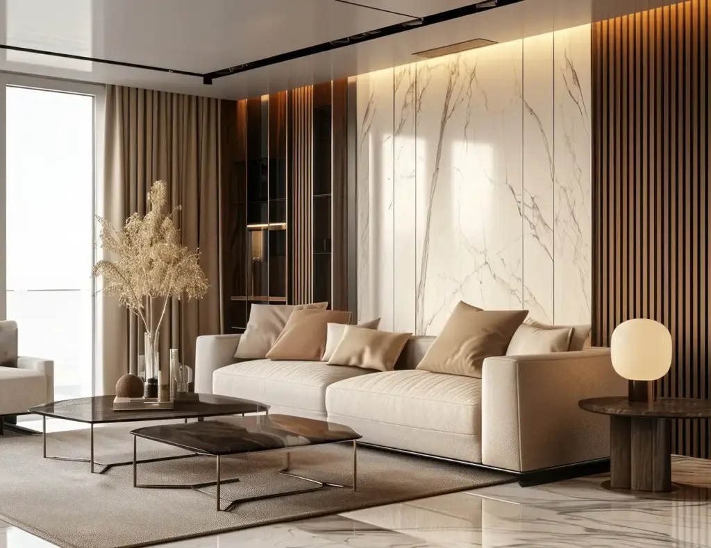 Woonkamer in beige en gouden tinten, grote witte bank, salontafel en kamerplanten.