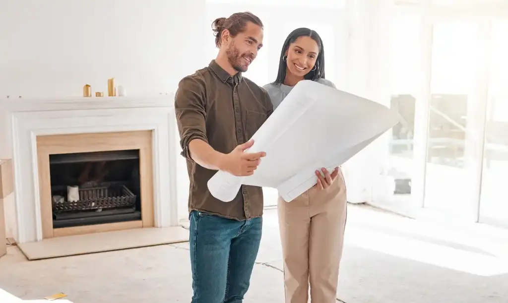 Jong stel staat in een grote opname in een onafgebouwd vertrek.