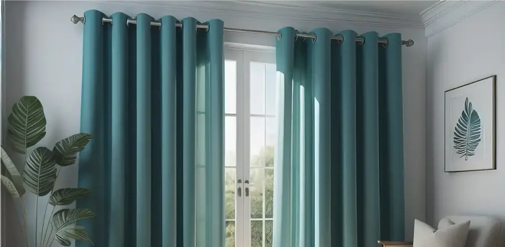 Dichte turkooise gordijnen bij een groot raam in een lichte kamer.