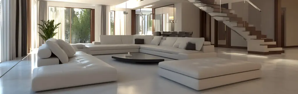 Grote woonkamer op de begane grond van een twee verdiepingen tellend huis met een glanzende vloer en witte meubels.