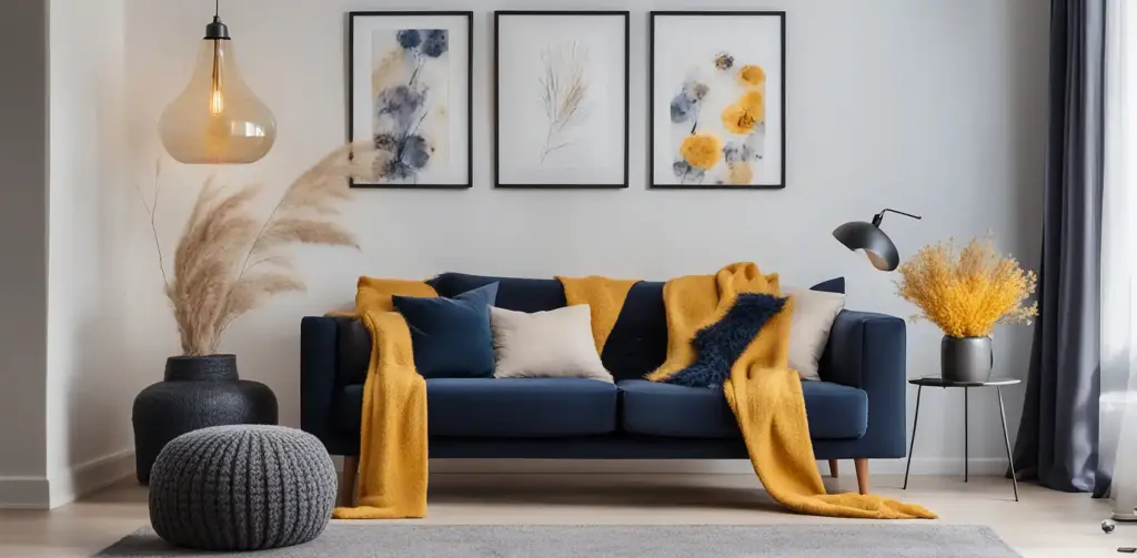 Heldere woonkamer met een grote blauwe bank en gele kussens erop.